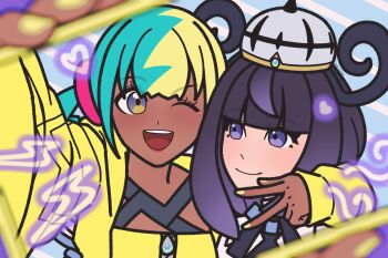 2girls ;d ame_kumo_art arm_around_neck blonde_hair blue_hair blunt_bangs bob_cut canari_(pokemon) cellphone closed_mouth commentary dark-skinned_female dark_skin english_commentary eyelashes gwynn_(pokemon) hat heart highres holding holding_phone long_sleeves looking_at_another looking_at_viewer multicolored_hair multiple_girls nintendo one_eye_closed open_mouth phone pokemon pokemon_legends:_z-a purple_eyes purple_hair selfie short_hair smartphone smile split-color_hair teeth two-tone_hair upper_body upper_teeth_only w white_hat yellow_nails yuri