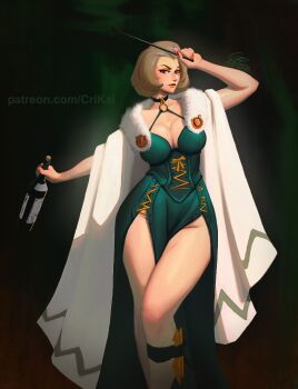 1girl alcohol artist_name black_choker black_garter_straps black_trim blush bob_cut bottle breasts brown_eyes brown_hair brown_thighhighs cape choker cleavage collarbone corset crimson_kaiserin dress eyelashes eyeliner eyeshadow female_focus fire_emblem fire_emblem:_three_houses fur fur_cape garter_straps glass glass_bottle green_background green_dress green_trim intelligent_systems knife large_breasts leg_strap lips lipstick makeup manuela_casagranda mascara matching_hair/eyes mole mole_under_eye navel nintendo o-ring orange_eyeshadow orange_lips orange_trim riding_crop shiny_clothes shiny_skin short_hair solo strap swept_bangs tagme thick_thighs thighhighs thighs watermark weapon web_address whip white_cape white_fur wide_hips wine wine_bottle