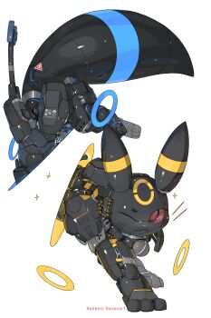 absurdres alternate_color animal_focus artist_name black_eyes body_markings character_name colored_sclera gen_2_pokemon highres looking_at_viewer mecha mechanization nintendo no_humans non-humanoid_robot one_eye_closed pokemon pokemon_(creature) portal_(object) red_sclera robot robot_animal science_fiction shiny_pokemon sign simple_background tail tail_raised umbreon warning_sign white_background xezeno