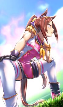 1girl animal_ears boots breasts brown_hair day feet_out_of_frame flexing gloves grass handkerchief hanging_breasts hat horse_girl kobamiso_(kobalt) large_breasts light_blush long_hair muscular muscular_female ponytail purple_eyes sakura_bakushin_o_(blossom_in_learning)_(umamusume) sakura_bakushin_o_(umamusume) serious shorts squatting tail umamusume