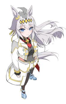 1girl absurdres ahoge animal_ears black_pantyhose blue_eyes breasts brooch closed_mouth clothing_cutout commentary_request cropped_jacket ear_ornament full_body glass_slipper grey_hair grey_leotard grey_tail hair_between_eyes hair_ornament hair_ribbon hapi_(ht64hap) highres hip_vent horse_ears horse_girl horse_tail jacket jewelry leotard long_hair long_sleeves medium_breasts neckerchief official_alternate_costume oguri_cap_(cinderella_gray)_(umamusume) oguri_cap_(umamusume) overskirt pantyhose ponytail red_neckerchief ribbon shorts simple_background solo star_brooch tail umamusume umamusume:_cinderella_gray white_background white_jacket white_shorts