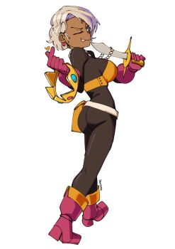 Rule 34 | 1girl, 3amsoda, artist name, ass, belt, black bodysuit, blue eyes, bodysuit, boots, breasts, bustier, commentary, crown, dagger, dark-skinned female, dark skin, dragon quest, dragon quest iii, earrings, english commentary, full body, gloves, heart, heart hands, highres, holding, holding dagger, holding knife, holding weapon, jewelry, knife, large breasts, looking at viewer, looking back, necklace, one eye closed, orange bustier, orange trim, pearl necklace, pink boots, pink gloves, short hair, solo, thief (dq3), tongue, tongue out, weapon, white background, white belt, white hair