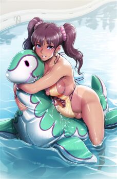 1futa blush bracelet breasts brown_hair bulge covered_erect_nipples cum cum_in_clothes earrings erection erection_under_clothes futanari grin hair_ornament inflatable_toy jewelry kakugari_kyoudai large_breasts long_hair looking_at_viewer nipple_cutout nipple_slip nipples one-piece_swimsuit one-piece_tan original partially_submerged penis pool poolside shiny_skin smile solo swimsuit tan tanline testicles twintails water wet yellow_one-piece_swimsuit