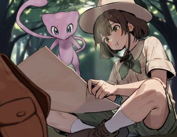 1boy :i backpack bag blurry brown_bag brown_footwear brown_hair budding_expeditioner_(pokemon) closed_mouth collared_shirt commentary_request day depth_of_field forest gen_1_pokemon green_eyes green_shorts hat hiraji holding holding_map legendary_pokemon looking_down male_focus map mew_(pokemon) mythical_pokemon nature nintendo outdoors pokemon pokemon_(creature) pokemon_tcg pokemon_tcg_pocket shirt shoes short_hair short_sleeves shorts sitting socks tree unworn_backpack unworn_bag white_socks