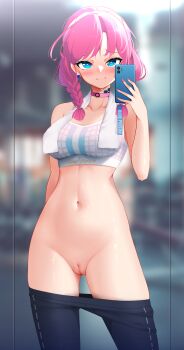 1girl absurdres arknights blue_poison_(arknights) braid breasts cleft_of_venus clothes_pull groin highres medium_breasts navel no_panties pants pants_pull pants_rolled_up phone pink_hair pussy selfie smile solo sports_bra standing sweat sweatpants uncensored z.taiga