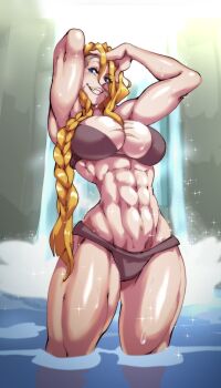 1girl abs absurdres armpits barbarian bath bikini blonde_hair blue_eyes breasts brown_bikini cleavage commentary english_commentary grin highres hilde_(nisego) large_breasts long_hair looking_at_viewer muscular muscular_female nisego original outdoors scar scar_on_face smile solo swimsuit teeth