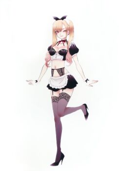 1girl black_ribbon black_shoes black_skirt blonde_hair blush breasts cuffs earrings fukuda_shinichi full_body garter_straps hair_ornament hair_ribbon high_heels highres jewelry kitagawa_marin lingerie long_hair maid medium_breasts neck_ribbon non-web_source official_art one_eye_closed piercing puffy_short_sleeves puffy_sleeves red_eyes red_ribbon ribbon shoes short_sleeves simple_background skirt sono_bisque_doll_wa_koi_wo_suru standing standing_on_one_leg thighhighs twintails unconventional_maid underwear white_background wrist_cuffs wrist_ribbon