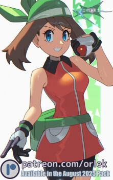 Rule 34 | 1girl, bandana, bike shorts, black shorts, blue eyes, breasts, brown hair, commentary, dress, english commentary, fanny pack, gloves, green bag, green bandana, holding, holding poke ball, looking at viewer, may (pokemon), nintendo, open mouth, orange dress, orlek, poke ball, poke ball (basic), pokemon, pokemon emerald, pokemon rse, shirt, shorts, sleeveless, smile, solo
