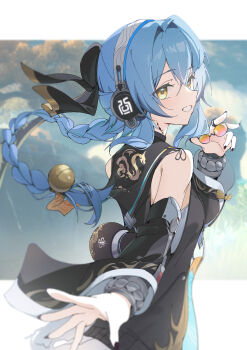 Rule 34 | 1girl, absurdres, bare shoulders, black jacket, black nails, blue hair, braid, breasts, buling (wuthering waves), chinese commentary, commentary request, detached sleeves, fingernails, from side, glasses, hair intakes, headphones, highres, holding, holding removed eyewear, jacket, long hair, looking at viewer, looking to the side, medium breasts, nail polish, orange-tinted eyewear, pangu terminal (wuthering waves), parted lips, pince-nez, smile, solo, szi f, tacet mark (wuthering waves), tinted eyewear, unworn eyewear, upper body, wuthering waves, yellow eyes