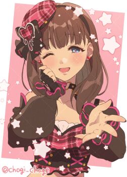 1girl blue_eyes blush breasts brown_hair chagi_chage choker commentary_request crop_top detached_sleeves earrings fingernails hat heart heart_choker heart_earrings idolmaster idolmaster_cinderella_girls jewelry long_fingernails medium_hair mini_hat one_eye_closed open_mouth reaching reaching_towards_viewer sakuma_mayu small_breasts smile solo upper_body