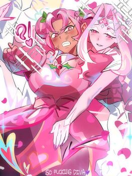 Rule 34 | 2girls, angel, angel wings, colored skin, cookie run, cookie run: kingdom, dark skin, double bun, dress, eternal sugar cookie, gloves, hair bun, highres, hollyberry cookie, long hair, looking at another, multiple girls, pcacao, pink eyes, pink hair, pink skin, puffy sleeves, short sleeves, very long hair, white dress, wings