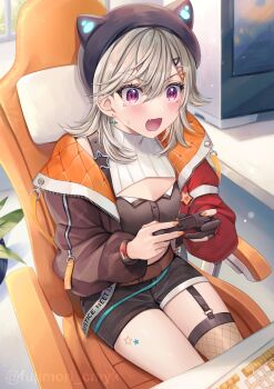 Rule 34 | 1girl, animal hat, belt, black gloves, black hat, blonde hair, blush, brown belt, cat hat, chair, commentary request, controller, earrings, facial mark, fang, fishnet thighhighs, fishnets, fujimori shiki, game controller, gloves, hair ornament, hairclip, hat, highres, holding, holding controller, holding game controller, indoors, jacket, jewelry, komori met, komori met (5th costume), on chair, open clothes, open jacket, open mouth, partially fingerless gloves, purple eyes, single thighhigh, sitting, solo, thighhighs, twitter username, virtual youtuber, vspo!