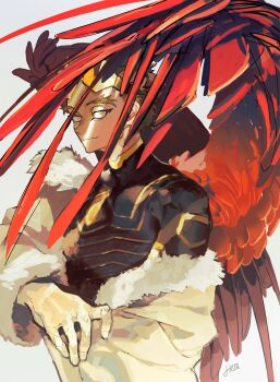 1boy black_shirt boku_no_hero_academia brown_coat brown_hair closed_mouth coat fingernails fur-trimmed_coat fur_trim hawks_(boku_no_hero_academia) highres horocca light_particles looking_at_viewer male_focus red_wings shaded_face shirt simple_background solo taut_clothes taut_shirt upper_body wings yellow_eyes
