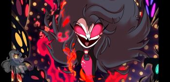 1girl bird_girl demon_girl devastangel evil_smile fire floating_hair hellaverse helluva_boss octavia_(helluva_boss) red_eyes smile