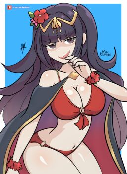 1girl artist_name bikini black_cape black_hair blue_background border breasts cape cleavage commentary drooling evil_smile fire_emblem fire_emblem_awakening fire_emblem_heroes flower grin hair_flower hair_ornament highres long_hair looking_at_viewer mouth_drool navel nintendo o-ring o-ring_bikini o-ring_top official_alternate_costume outside_border patreon_logo patreon_username raydango red_bikini signature simple_background smile solo swimsuit tharja_(fire_emblem) tharja_(summer)_(fire_emblem) thick_thighs thighs watermark web_address white_border wide_hips