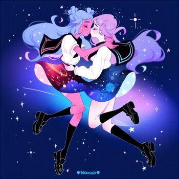 2girls artist_name blue_hair closed_eyes commentary double_bun english_commentary hair_bun kiss kneehighs loafers long_hair long_sleeves miniskirt multiple_girls original purple_hair school_uniform serafuku shoes shooting_star skirt socks tan tanline vicki_tsai yuri