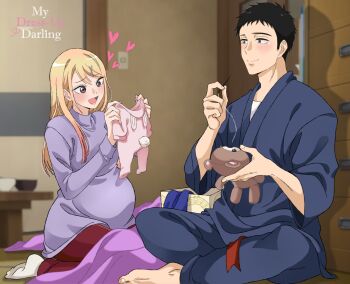Rule 34 | 1boy, 1girl, black eyes, black hair, blonde hair, blue eyes, chandllucky, copyright name, couple, dress, gojou wakana, hetero, highres, holding, holding unworn clothes, husband and wife, indian style, indoors, japanese clothes, jinbei (clothes), jumpsuit, kitagawa marin, long hair, pants, pregnant, purple dress, purple pants, samue, short hair, sitting, smile, sono bisque doll wa koi wo suru, spoilers, stuffed animal, stuffed toy, sweater, sweater dress, table, teddy bear, thread