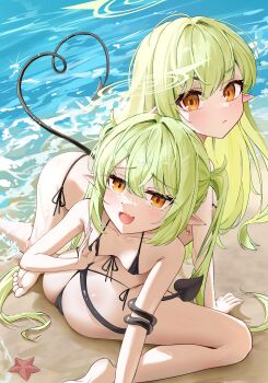 2girls :&lt; absurdres alternate_costume ass bare_legs bare_shoulders barefoot beach bent_over bikini black_bikini blue_archive blush breasts cameltoe closed_mouth commentary_request daraamji2 demon_girl demon_tail dot_nose earrings fang feet front-tie_bikini_top front-tie_top furrowed_brow green_hair green_halo hair_between_eyes halo hand_up highres hikari_(blue_archive) jewelry loli long_hair looking_at_viewer looking_to_the_side micro_bikini multiple_girls nozomi_(blue_archive) ocean on_ground open_mouth orange_eyes outdoors pointy_ears revision sand siblings side-tie_bikini_bottom sisters sitting skin_fang small_breasts smile soles starfish string_bikini swimsuit tail tail_wrap thighs toes twins very_long_hair wariza water
