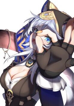 1girl animal_ears animal_hood black_gloves black_leotard blue_eyes breasts cat_ears cat_girl cat_hood cat_tail cipher_(honkai:_star_rail) cleavage commentary_request fingerless_gloves gloves grey_hair highres holding holding_with_tail honkai:_star_rail honkai_(series) hood hooded_leotard key large_breasts leotard mole mole_on_breast open_mouth prehensile_tail puyopuyo_10 short_hair_with_long_locks simple_background solo tail white_background