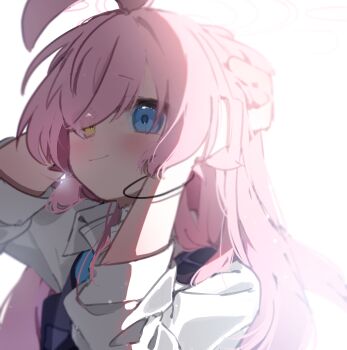 Rule 34 | 1girl, adjusting hair, ahoge, backlighting, blue archive, blue eyes, blue necktie, closed mouth, gotamashii, hair tie, halo, hands in own hair, heterochromia, highres, hoshino (armed) (blue archive), hoshino (blue archive), huge ahoge, long hair, necktie, pink halo, school uniform, shirt, smile, solo, upper body, vest, white background, white shirt, yellow eyes