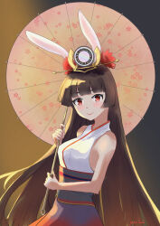 Rule 34 | 1girl, animal ears, blunt bangs, breasts, brown background, closed mouth, commentary request, cowboy shot, gradient background, grey background, headpiece, highres, hime cut, holding, holding umbrella, japanese clothes, kaguyahime (mahjong soul), lace trim, long hair, looking at viewer, mahjong soul, medium bangs, medium breasts, oil-paper umbrella, pink umbrella, purple skirt, rabbit ears, red eyes, shirt, skirt, sleeveless, sleeveless shirt, smile, solo, umbrella, very long hair, white shirt, yuli (yuliartwork)