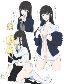 1futa 1girl apron aqua_eyes black_dress black_hair black_necktie black_socks blonde_hair blush bottomless braid breasts brown_eyes clothed_sex collar commentary crown_braid cum cum_on_body cum_on_hands dress facial formal_clothes futa_with_female futanari grey_jacket hair_ornament hairclip highres jacket japanese_text kiss kurosawa_dia licking_cum long_hair love_live! love_live!_sunshine!! maid maid_apron medium_breasts medium_hair necktie ohara_mari partially_undressed partially_visible_vulva pussy pussy_juice pussy_peek removing_jacket riding role_reversal sex shirt sitting sitting_on_lap sitting_on_person socks suit sweatdrop symbol-only_commentary thighhighs undressing white_background white_shirt white_thighhighs yakult1124 yuri