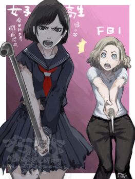 Rule 34 | 2girls, 5tatsu, artist name, bandaged arm, bandaged torso, bandages, black eyes, black hair, black pants, black sailor collar, black serafuku, black shirt, black skirt, blonde hair, blood, blood on arm, bloody bandages, border, commentary request, cowboy shot, crying, fbi, fighting stance, furrowed brow, grace ashcroft, grey eyes, highres, holding, holding knife, holding lead pipe, knife, lead pipe, looking at viewer, multiple girls, neckerchief, open mouth, pants, pink background, pleated skirt, red neckerchief, resident evil, resident evil requiem, sailor collar, school uniform, serafuku, shimizu hinako, shirt, short hair, silent hill (series), silent hill f, skirt, tearing up, torn clothes, torn shirt, white border, white shirt