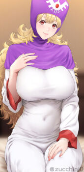 1girl artist_name blonde_hair breasts closed_mouth commentary_request covered_navel dragon_quest dragon_quest_ii hand_on_own_chest highres huge_breasts long_hair long_sleeves partial_commentary princess_of_moonbrook purple_hood red_eyes robe sitting smile solo twitter_username watermark wavy_hair white_robe zucchini