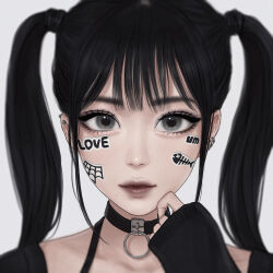 Rule 34 | 1girl, black hair, choker, grey eyes, jirai kei, looking at viewer, original, portrait, simple background, solo, sticker, sticker on face, twintails, umigraphics, white background