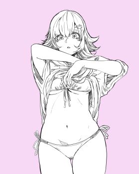 1girl :o bikini boku_saki clothes_lift cowboy_shot danganronpa_(series) danganronpa_2:_goodbye_despair flipped_hair greyscale hair_ornament medium_hair monochrome nanami_chiaki navel pink_background shirt_lift short_sleeves side-tie_bikini_bottom simple_background solo stomach swimsuit