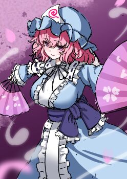 Rule 34 | 1girl, absurdres, black ribbon, blue hat, blue kimono, breasts, closed mouth, commentary request, folding fan, frilled kimono, frills, hand fan, hat, highres, hitodama, holding, holding fan, japanese clothes, kabi killer, kimono, large breasts, long sleeves, looking at viewer, mob cap, neck ribbon, one-hour drawing challenge, pink eyes, pink hair, ribbon, saigyouji yuyuko, sleeve garter, smile, solo, touhou, triangular headpiece, wide sleeves