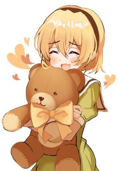 1girl absurdres black_hairband blonde_hair blush closed_eyes commentary dress fang green_dress hair_between_eyes hairband happy_tears heart highres higurashi_no_naku_koro_ni holding holding_stuffed_toy houjou_satoko nyako_(x_nyako_x) open_mouth short_hair short_sleeves simple_background skin_fang solo standing stuffed_animal stuffed_toy tears teddy_bear white_background