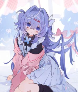 1girl apron black_shirt black_socks blue_eyes blue_nails bow closed_mouth commentary commission curtains empty_eyes eyes_visible_through_hair film_grain frown hair_between_eyes hair_intakes highres indie_utaite indoors jacket kneehighs light_particles long_hair long_sleeves looking_at_viewer myoco petticoat pink_bow pink_jacket pleated_skirt purple_hair safety_pin_hair_ornament shirt sitting skeb_commission skirt socks solo suzumi_shiro_(singer) symbol-only_commentary very_long_hair white_apron white_skirt window