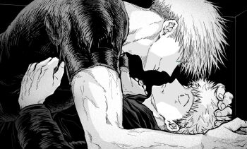 Rule 34 | 2boys, adam's apple, black background, blue eyes, boy on top, commentary request, compression shirt, eye contact, from side, gojou satoru, greyscale, hands on another's head, itadori yuuji, jujutsu kaisen, light blush, looking at another, male focus, monochrome, multiple boys, nay bb, short hair, sideburns, simple background, smile, spot color, upper body, yaoi