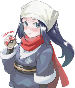 Rule 34 | 1girl, akari (pokemon), bandana, black hair, blush, breasts, grey eyes, grey jacket, jacket, long hair, long sleeves, looking at viewer, nintendo, obi, poke ball, poke ball (basic), pokemon, pokemon legends: arceus, ponytail, red scarf, sash, scarf, sharekoube, sidelocks, small breasts, smile, solo, translation request, white bandana