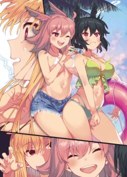 3girls bikini black_hair blonde_hair breasts can cold denim denim_shorts empty_eyes fate/grand_order fate_(series) fingernails green_bikini head_wings highres hildr_(fate) innertube laughing medium_breasts mitsurugi_sugar multiple_girls navel ortlinde_(fate) pink_hair prank shorts swim_ring swimsuit thrud_(fate) valkyrie_(fate) white_bikini wings