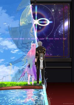 1boy 1girl absurdres asarizer black_coat caelus_(honkai:_star_rail) coat cyrene_(honkai:_star_rail) cyrene_(ripples_of_past_reverie)_(honkai:_star_rail) from_behind full_body gradient_hair grey_hair highres honkai:_star_rail honkai_(series) long_hair multicolored_hair pink_hair trailblazer_(honkai:_star_rail) very_long_hair