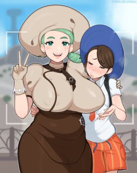 2girls afrobull age_difference alternate_breast_size apron ascot belly blush braid breasts brown_ascot brown_hair brown_skirt buttons collared_shirt covered_erect_nipples curvy gloves green_eyes green_hair hat height_difference highres huge_breasts juliana_(pokemon) katy_(pokemon) light_green_hair long_hair mature_female mole mole_on_cheek multiple_girls naranja_academy_school_uniform necktie nintendo open_mouth plump pokemon pokemon_sv puffy_short_sleeves puffy_sleeves school_uniform shirt short_sleeves side_ponytail skirt smile yuri