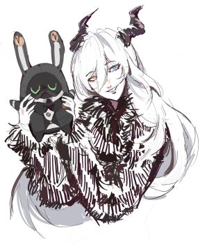 Rule 34 | 1girl, bangboo (zenless zone zero), black coat, black fur, black horns, black jacket, bulterboo, butler, coat, collared jacket, collared shirt, commentary, english commentary, formal clothes, fur-trimmed coat, fur trim, head tilt, heterochromia, highres, holding, horns, jacket, long hair, long sleeves, looking to the side, open clothes, open jacket, parted lips, shirt, sketch, suit, sunbringer (zenless zone zero), upper body, wavy hair, white hair, zenless zone zero