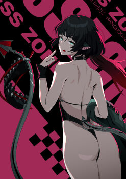 1girl :p absurdres animal_ears ass back black_choker black_hair black_one-piece_swimsuit blue_eyes choker commentary ear_piercing english_commentary highres index_finger_raised jane_doe_(nocturne_of_light)_(zenless_zone_zero) jane_doe_(zenless_zone_zero) long_hair looking_at_viewer midfinger mouse_ears mouse_girl mouse_tail multicolored_hair one-piece_swimsuit piercing red_hair red_nails saliva saliva_trail skirt solo swimsuit tail tongue tongue_out two-tone_hair unworn_skirt very_long_hair very_long_tail zenless_zone_zero