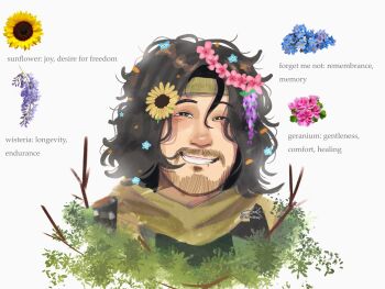 Rule 34 | 1boy, beard, black hair, eiikomae, facial hair, facing viewer, flower, forget-me-not (flower), geranium, grin, hair flower, hair ornament, half-closed eyes, headband, highres, iron lung (movie), leaf, male focus, scarf, short hair, simon (iron lung), smile, solo, sunflower, tunic, upper body, wavy hair, wisteria