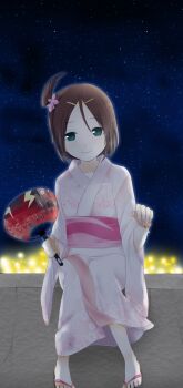 Rule 34 | 1girl, bad id, bad pixiv id, bracelet, brown hair, cameo, corpse party, female focus, flip-flops, flower, green eyes, hair flower, hair ornament, hairclip, hairpin, hand fan, highres, japanese clothes, jewelry, kimono, mochida satoshi, morishige sakutarou, nail polish, nakashima naomi, night, osomatsu, osomatsu (nanameno), paper fan, parted bangs, pink nails, sandals, shinohara seiko, short hair, sitting, sky, smile, solo, suzumoto mayu, toenail polish, toenails, toes, uchiwa, yukata