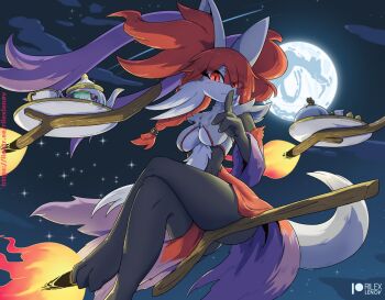 1girl alternate_color animal_ear_fluff animal_ears black_fur broom broom_riding closed_mouth commentary crossed_legs cup delphox english_commentary fire floating fox_ears full_body full_moon furry furry_female gen_6_pokemon gen_8_pokemon index_finger_raised looking_at_viewer mega_delphox mega_pokemon moon multicolored_fur night nintendo outdoors plate pokemon pokemon_(creature) pokemon_focus purple_fur red_eyes red_fur rilex_lenov shiny_pokemon simple_background sinistea snout solo teacup white_fur