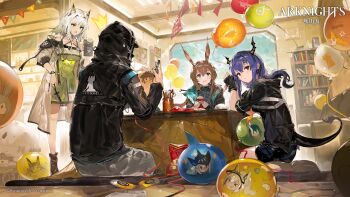 Rule 34 | 1boy, 3girls, absurdres, alchemaniac, amiya (arknights), animal ear fluff, animal ears, arknights, balloon, bare shoulders, black jacket, blue eyes, blue hair, blush, breasts, brown hair, cat ears, cellphone, ch'en (arknights), choker, doctor (arknights), dragon horns, dragon tail, dress, food, gloves, grani (arknights), green dress, green eyes, hair between eyes, highres, holding, holding food, holding pen, holding phone, hood, hooded jacket, horns, indoors, jacket, jessica (arknights), jewelry, kal'tsit (arknights), long hair, long sleeves, looking at viewer, medium breasts, multiple girls, official art, open clothes, open jacket, open mouth, pen, phone, ponytail, rabbit ears, red eyes, ring, seiza, shirt, short hair, shorts, sidelocks, silver hair, sitting, skadi (arknights), sleeveless, smartphone, smile, sweatdrop, swire (arknights), tail, thighs