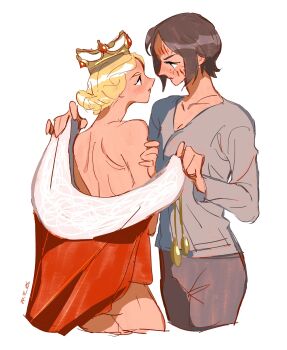 2girls blonde_hair breasts brown_hair cleavage cloak covering_privates cowboy_shot cropped_legs crossed_arms crown ermine facial_mark fur-trimmed_cloak fur_trim grey_pants grey_shirt highres kiwie_marinep krista_lenz looking_at_another medium_breasts multiple_girls nude_cover pants parted_bangs red_cloak shingeki_no_kyojin shirt short_hair sketch wavy_hair weasel white_background ymir_(shingeki_no_kyojin) yuri