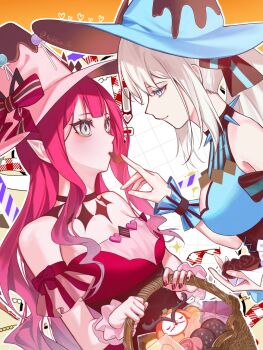 ! 2girls adoptive_parent_and_adoptive_child arm_garter baobhan_sith_(fate) baobhan_sith_(valentine_witches)_(fate) bare_shoulders basket black_choker blue_dress blue_eyes blue_hat blue_wrist_cuffs blush bow breasts candy center-flap_bangs cernunnos_(fate) chocolate chocolate_print choker chupa_chups cleavage closed_mouth commentary_request curly_sidelocks dress eye_contact face-to-face fate/grand_order fate_(series) feeding fingernails flower-shaped_chocolate food food-themed_hat_ornament food_in_mouth food_print food_wrapper grey_eyes grid_background hair_ribbon half-closed_eyes halter_dress halterneck hat hat_bow hat_ornament heart highres holding holding_basket holding_chocolate holding_food large_breasts light_smile lollipop long_hair long_sidelocks looking_at_another morgan_le_fay_(fate) morgan_le_fay_(valentine_witches)_(fate) mother_and_child mother_and_daughter multiple_girls nail_polish orange_background outline parent_and_child pink_hat pink_wrist_cuffs pointy_ears ponytail profile red_bow red_dress red_nails ribbon sidelocks sleeveless sleeveless_dress slit_pupils spiked_choker spikes strapless strapless_dress striped_clothes tsukikusa_ao two-handed upper_body vertical-striped_clothes white_background white_hair white_outline witch_hat wrist_cuffs