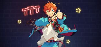 Rule 34 | 1boy, akehoshi subaru, belt, blue eyes, closed mouth, coin, ensemble stars!, floating clothes, game cg, hair between eyes, hands up, happy elements, jacket, layered clothes, long sleeves, looking at viewer, male focus, midriff peek, official art, one eye closed, open clothes, open jacket, orange hair, shirt, short hair, smile, solo, star (symbol), surprising thanks!! (ensemble stars!), teeth, third-party source, thumbs up, tongue, tongue out, upper body, variant set, white shirt, zipper pull tab