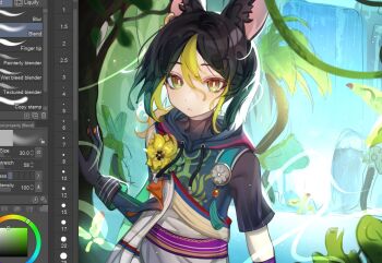 1boy animal_ears art_program_in_frame black_gloves black_hair black_hoodie brown_eyes cloud_(lufaeris) commentary double-parted_bangs english_commentary flower fox_boy fox_ears genshin_impact gloves green_flower green_streaks hair_between_eyes hood hood_down hoodie looking_at_viewer male_focus multicolored_hair nature sash short_hair solo streaked_hair tighnari_(genshin_impact) unfinished upper_body