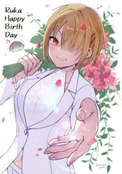 1girl :d alternate_costume backlighting blonde_hair bouquet carrying_over_shoulder character_name commentary_request confetti covered_navel cowboy_shot dutch_angle eyelashes falling_petals fingernails flower formal_clothes grin hair_ornament hair_over_one_eye hairclip hand_up happy_birthday heaven_burns_red highres holding holding_bouquet jewelry kayamori_ruka leaf lens_flare leotard long_bangs long_sleeves looking_at_viewer muratoamado narby_(heaven_burns_red) one_eye_covered open_mouth outstretched_arm parallel_hairclips party_popper petals pink_flower reaching reaching_towards_viewer red_eyes ring short_hair simple_background smile solo sparkle suit tsurime twitter_username v-shaped_eyebrows wedding_ring white_background white_leotard white_suit