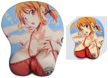 1girl alternate_costume arm_tattoo artist_request bikini blue_background blush bracelet breast_tattoo breasts character_name convenient_censoring cropped hand_on_own_chest jewelry large_breasts mousepad nami_(one_piece) noise nosie one_breast_out one_piece open_mouth orange_eyes orange_hair red_bikini screencap surprised swimsuit tattoo third-party_edit